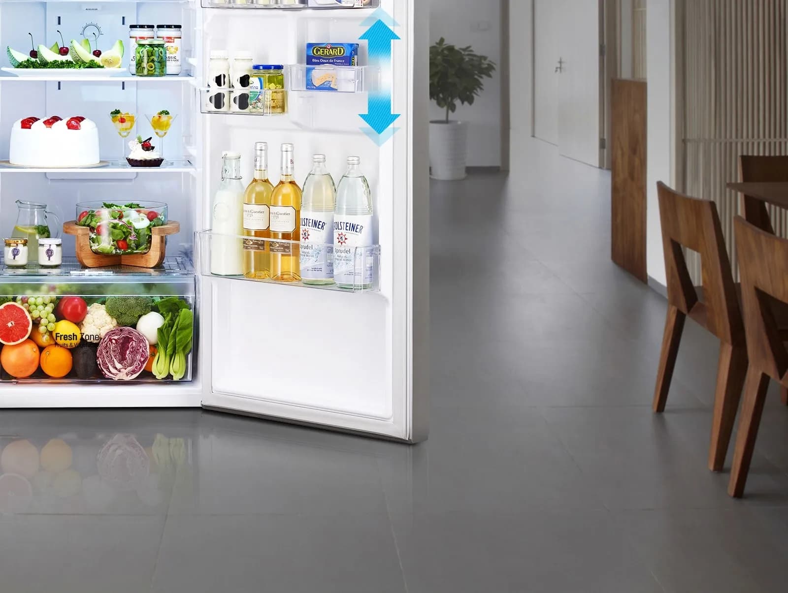 The shelves in the door area are adjustable in height